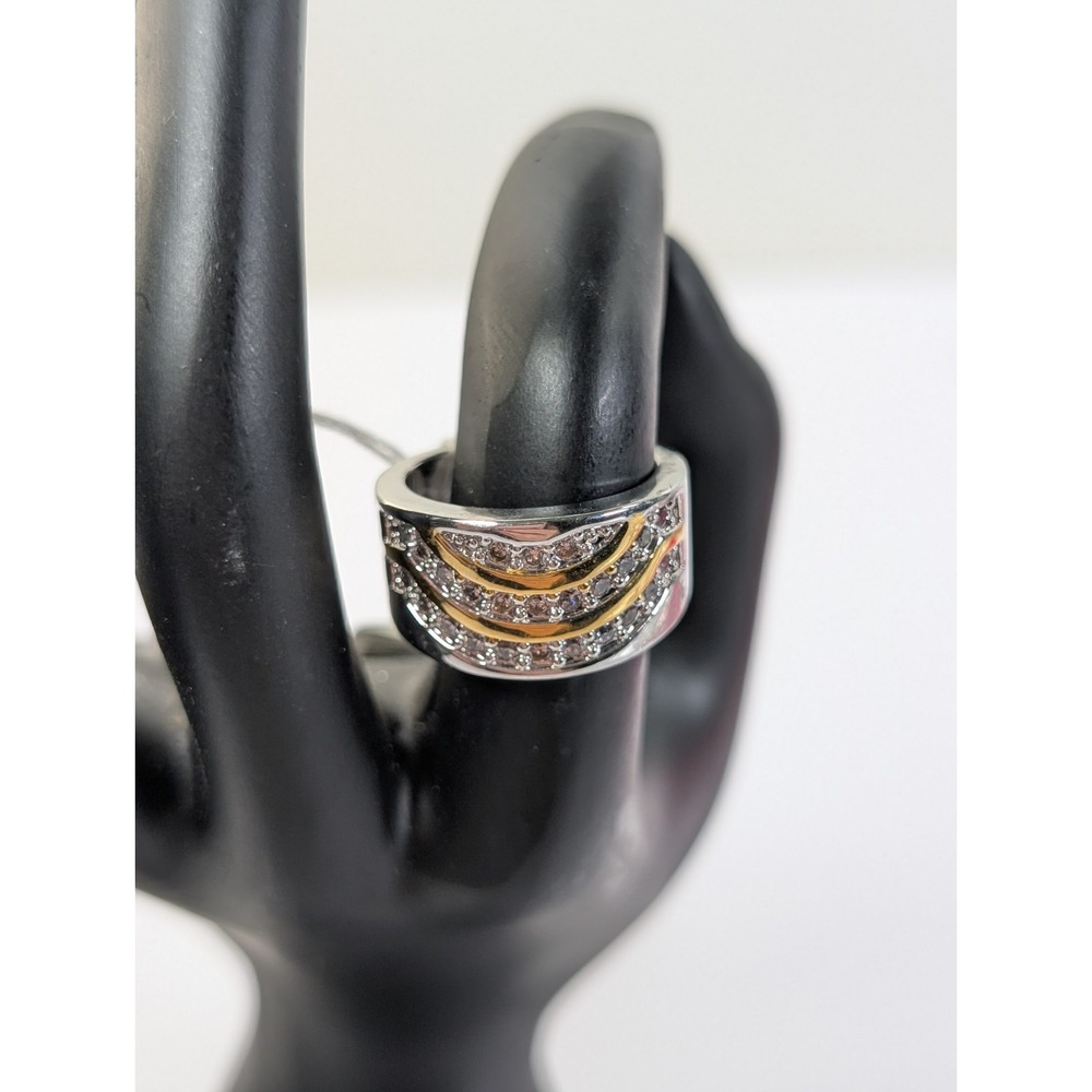 925 Sterling CZ Ring Platinum And‎ Gold Plated Wave Design Size 8